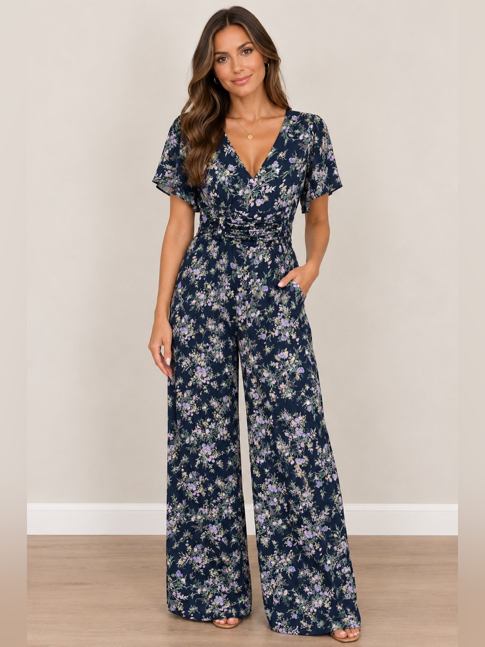 NWT Floral V-Neck Navy Jumpsuit with Lavender Blooms